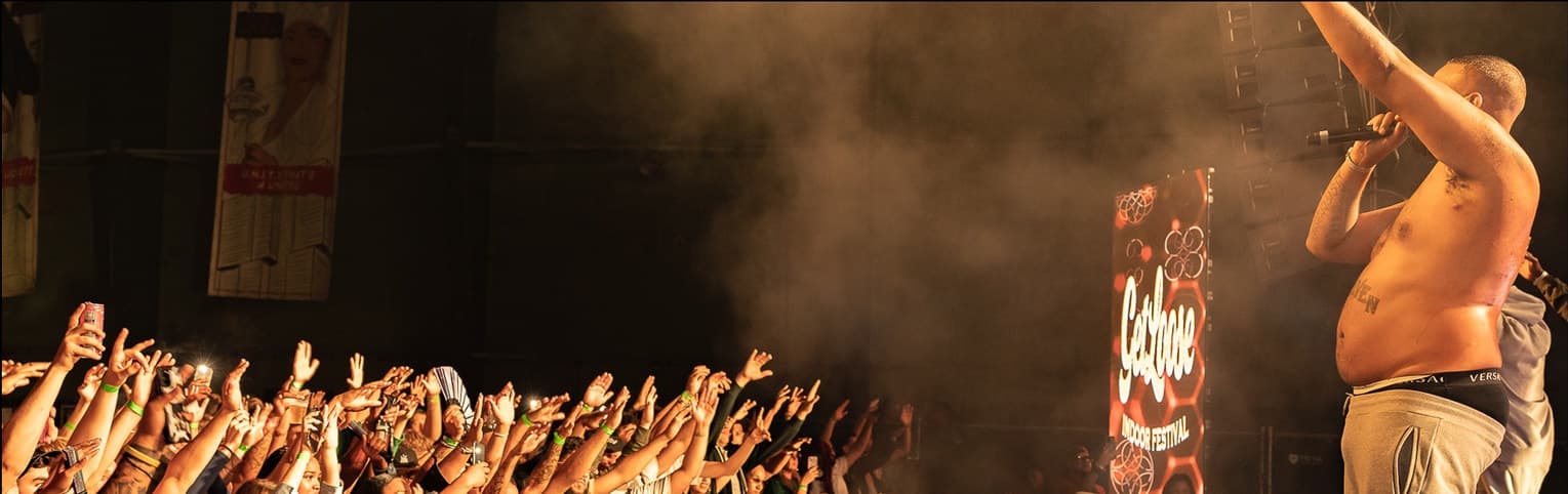 GetLoose Indoor Festival 2022, artiest op het podium met handen in de lucht in het publiek